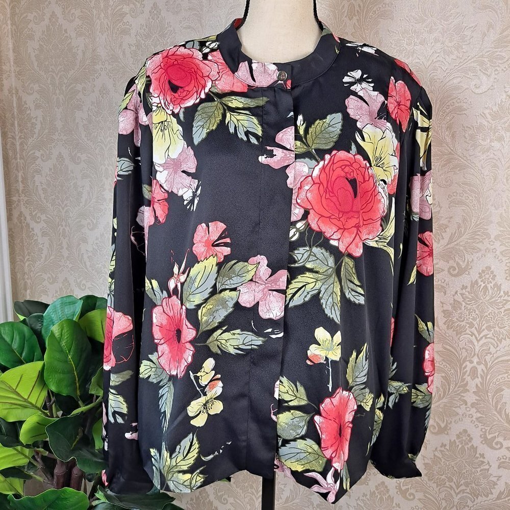 DG2 Diane Gilman Size 2X Jacket Black w/ Green and Pink Floral Zip Front NWT